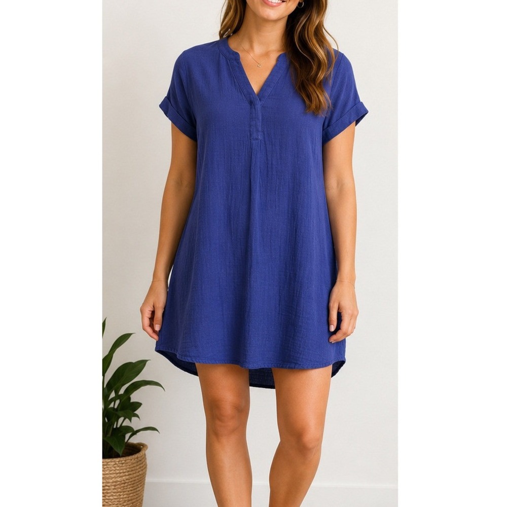 NEW Vineyard Vines Gauzy Tunic Dress Deep Bay Blue Cotton V-Neck Women Small NWT